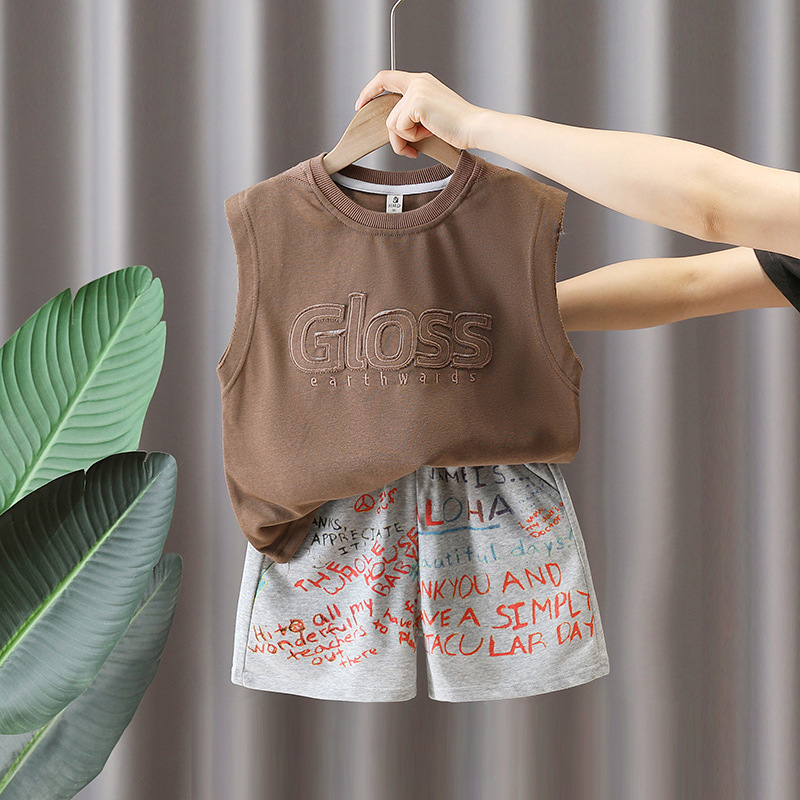 5601 traje de chaleco para niños 2025 nuevo estilo estilo occidental bebé verano sin mangas ropa niño verano traje de dos piezas marea