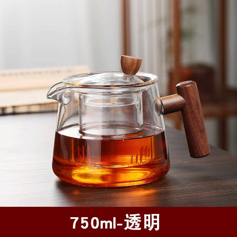 Tetera de vidrio hogar tetera de separación de té juego de té de vidrio resistente a altas temperaturas de vidrio ahumado gris mango de madera tetera