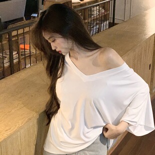 Pregnant Women's White Lazy Style T-shirt Women's Summer chubby girl Loose Belly Covering V-neck Short-sleeved Top Casual T-shirt suit
