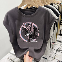 圆领坎肩短袖t恤女2023年新款高级感小飞袖印花洋气减龄宽松上衣