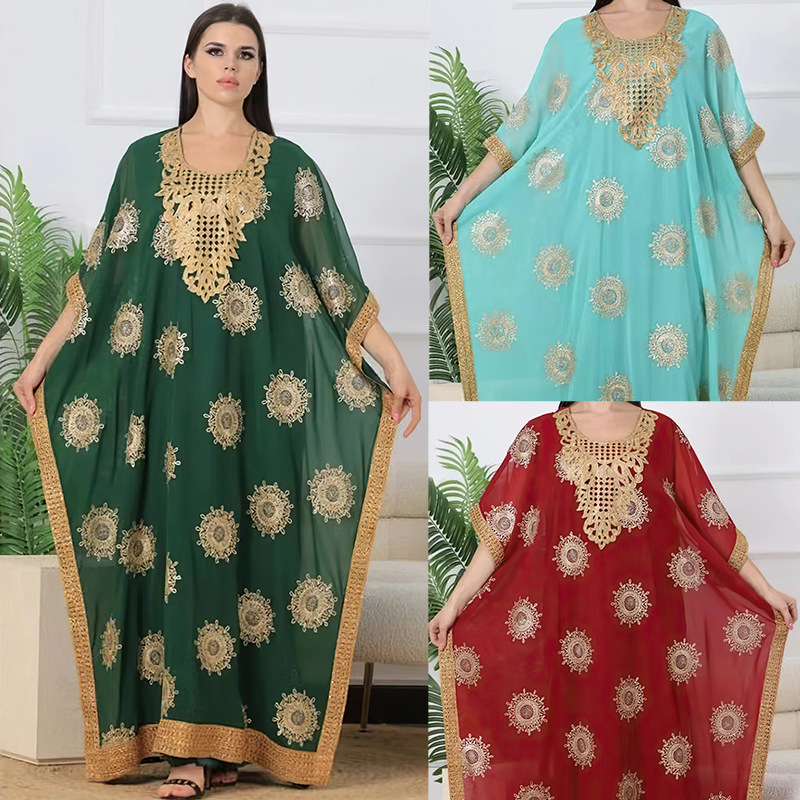 Cross-border European American Fashion Plus-size Dress, Hot-selling In The Middle East And Dubai, Gold-embossed Chiffon_ecoleips.com