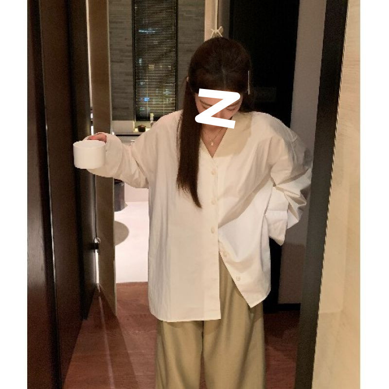 韩系慵懒风v领长袖衬衫女春季宽松中长款设计感开叉休闲衬衣上衣|undefined
