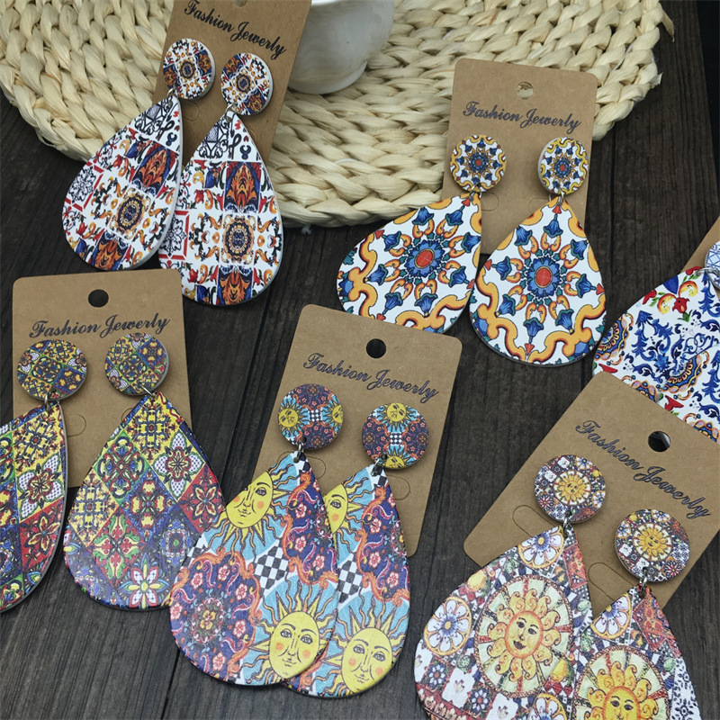 18g Weight Earrings Event & Party Supplies Bohemian Printing Water Droplets Wood Women's Drop Earrings 1 Pair