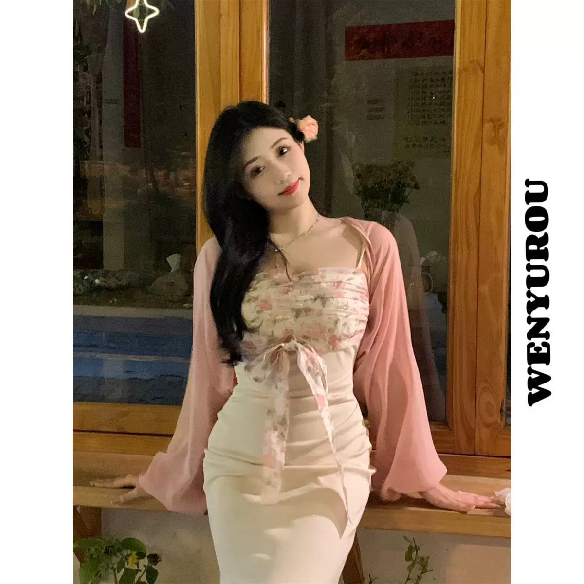 Теплый и нежный [Tang Palace Set] Новое длинное платье с цветочным нишевым ремешком в китайском стиле, тонкое и элегантное, для похудения.