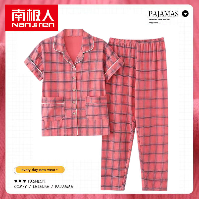 Pijamas de mujer de verano de algodón de manga corta pantalones de solapa de verano de las mujeres delgadas homewear traje