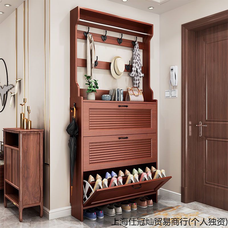 New Chinese-style Ultra-thin Flip Bucket Shoe Cabinet Door Entrance Wall Hanging Coat Rack Integrated Solid Wood Color Entrance Cabinet Shoe Rack