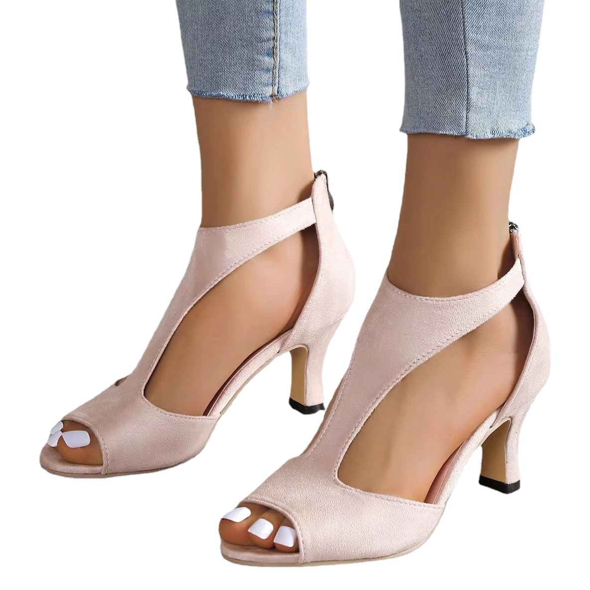 European and American simple fashion back zipper bag with fish mouth shoes women's summer Foreign trade large size side empty thin heel Roman sandals wholesale