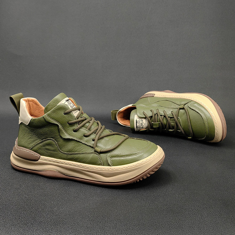 Genuine Leather Sneakers for Men, Cute and Ugly Mango Toe-Layer Cowhide High-Top Shoes, Versatile Autumn and Winter Velvet Warm Casual Shoes for Men