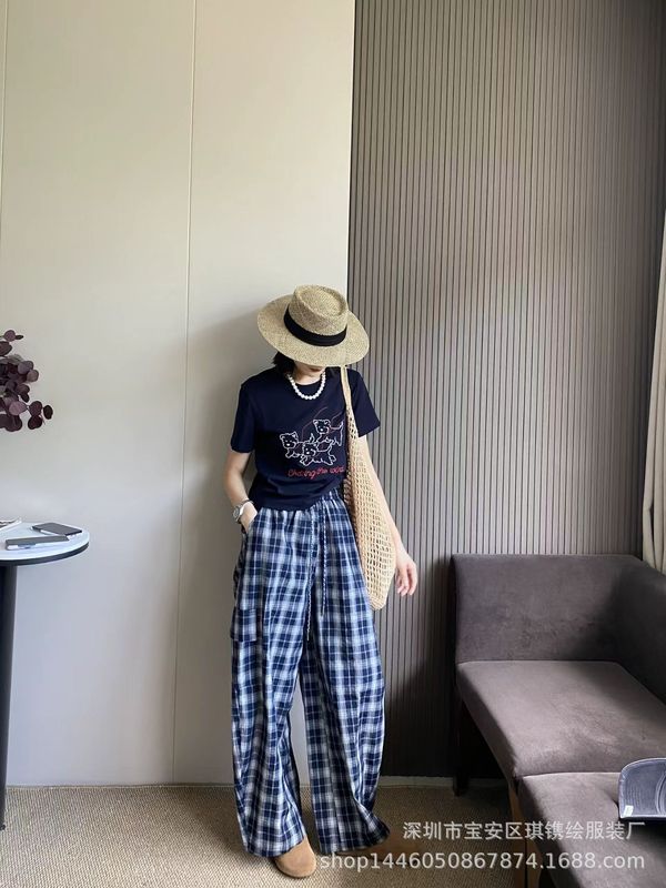 琪镌绘制时尚格子休闲长裤女装早秋新款宽松女高腰显瘦阔腿工装裤|undefined