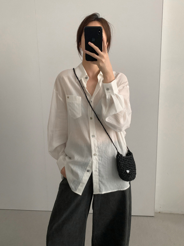 TG 经典款百搭翻领衬衫女2025秋季新款装饰扣宽松长袖薄上衣25742|undefined