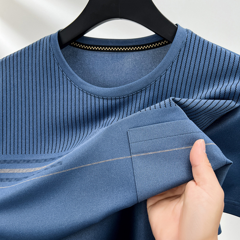 2025 Spring and Summer Short-sleeved T-shirt Men's Summer Middle-aged Dad's Round Neck Casual Ice Silk T-shirt Top Real Pocket