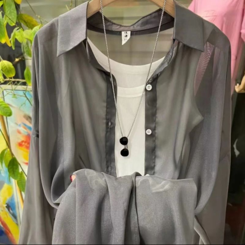 珠光纱雪纺防晒衬衫女夏薄款高级感很仙的夏款甜美韩系长袖上衣女|undefined