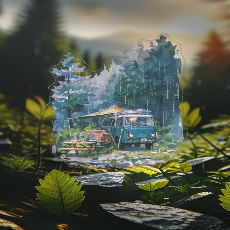 Papel Sr. Paquete de pegatinas grandes series de paseo en la lluvia retro paisaje lluvioso bolsas de pegatinas de material de decoración