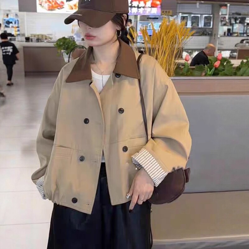 翻领撞色拼接双排扣风衣外套女2025秋装新款休闲宽松时尚夹克上衣|undefined