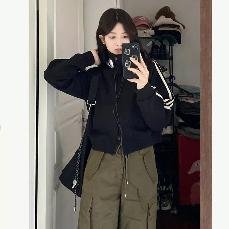 卫衣外套女秋复古三条杠2025春秋新款立领设计感开襟短款即墨卫衣