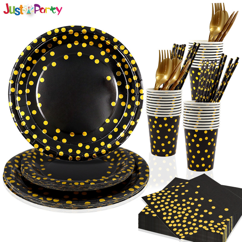 In stock bronzing black dot tableware thickened paper cup pie paper plate Golden Knife fork spoon tissue party decoration supplies In stock bronzing black dot tableware thickened paper cup pie paper plate Golden Knife fork spoon tissue party decoration supplies