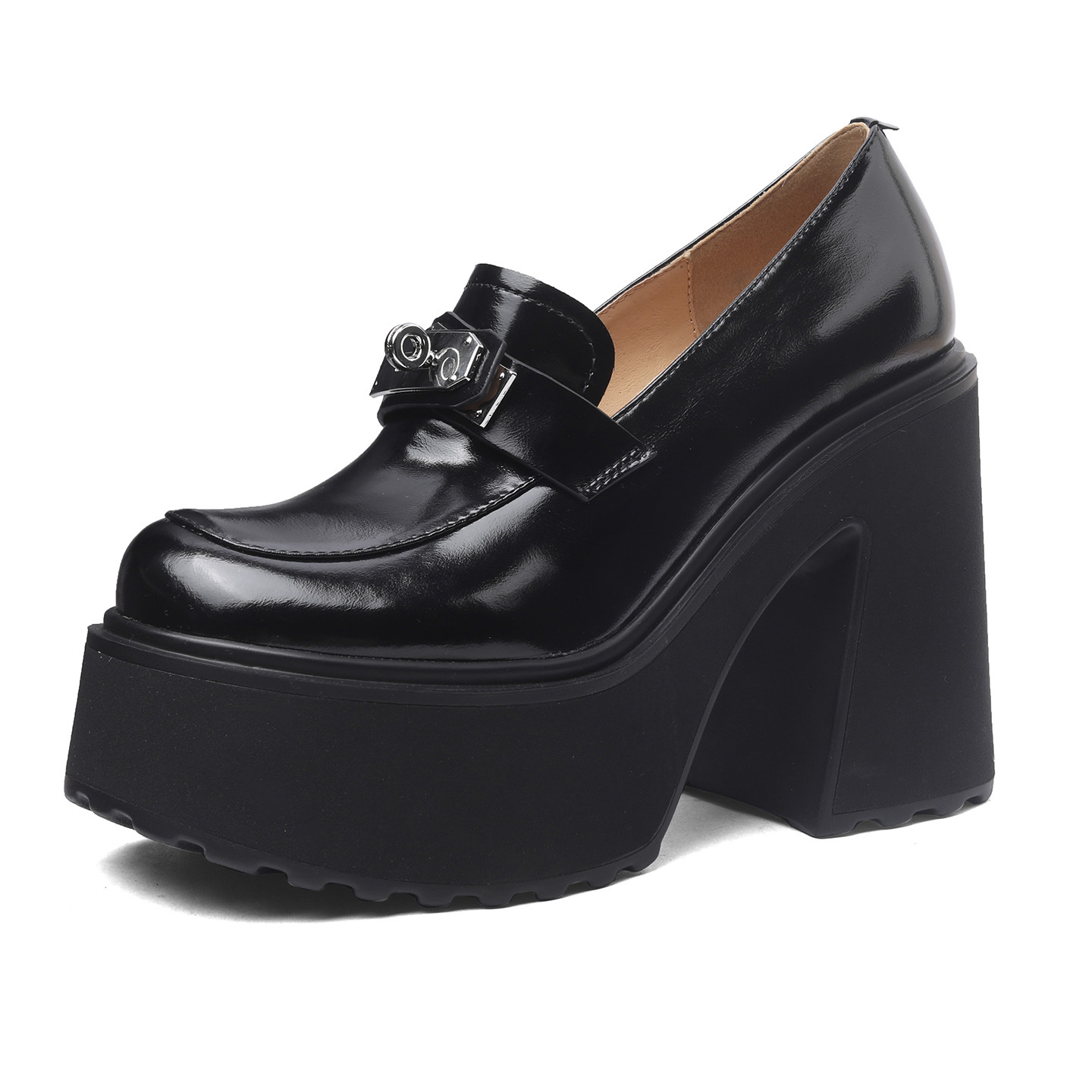 Giày loafer nữ đế xuồng platform gót cao 12 cm khóa cài da thật — màu đen