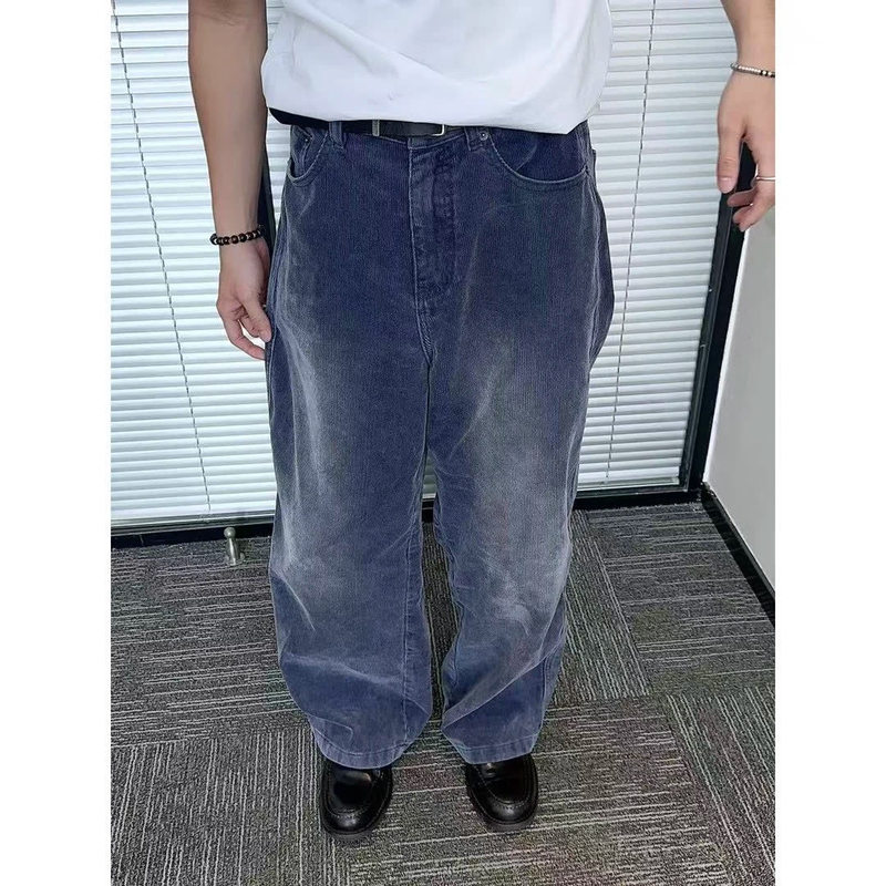 Japanese Retro Distressed Blue Corduroy Casual Pants Men Vintage Casual Commuting Loose Straight Cargo Pants