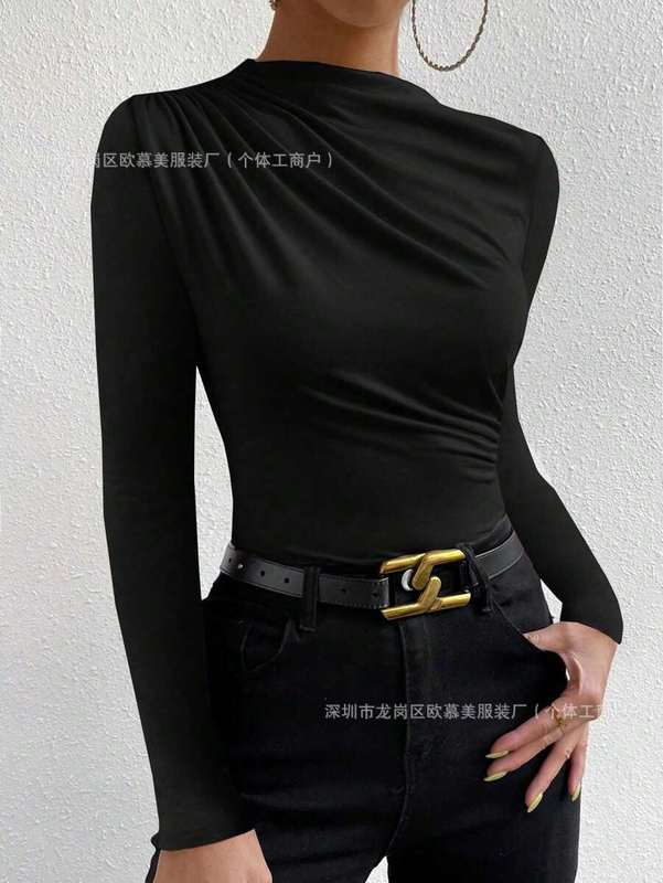 跨境2025欧美亚马逊纯色修身打底衫百搭女式纯色长袖褶饰时尚T恤|undefined