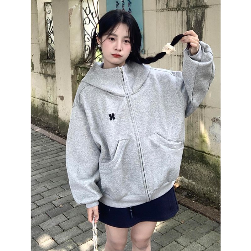 美式复古拉链开衫连帽卫衣女春秋宽松设计简约学院风休闲百搭外套|undefined