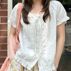 -自制 竖条肌理感提花小花边绑带小衫女薄款宽松纯棉上衣