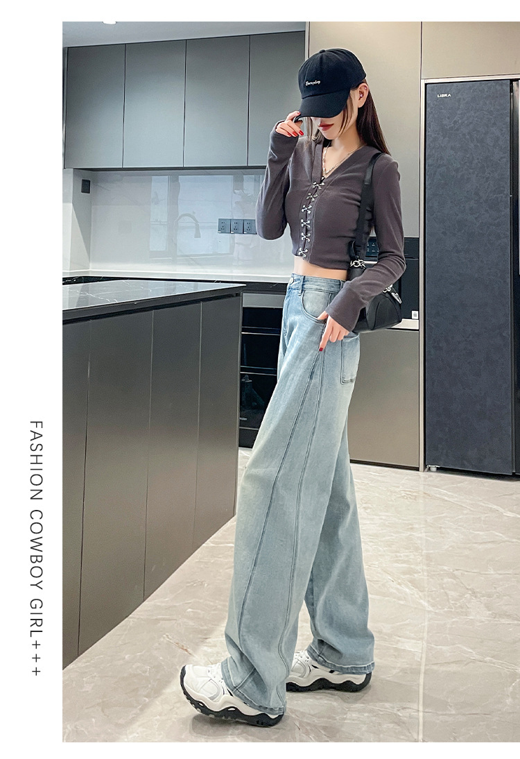 Light blue straight-leg wide-leg jeans for women, Spring 2025 new style loose and slimming Hong Kong-style high-waisted narrow pants pic 15