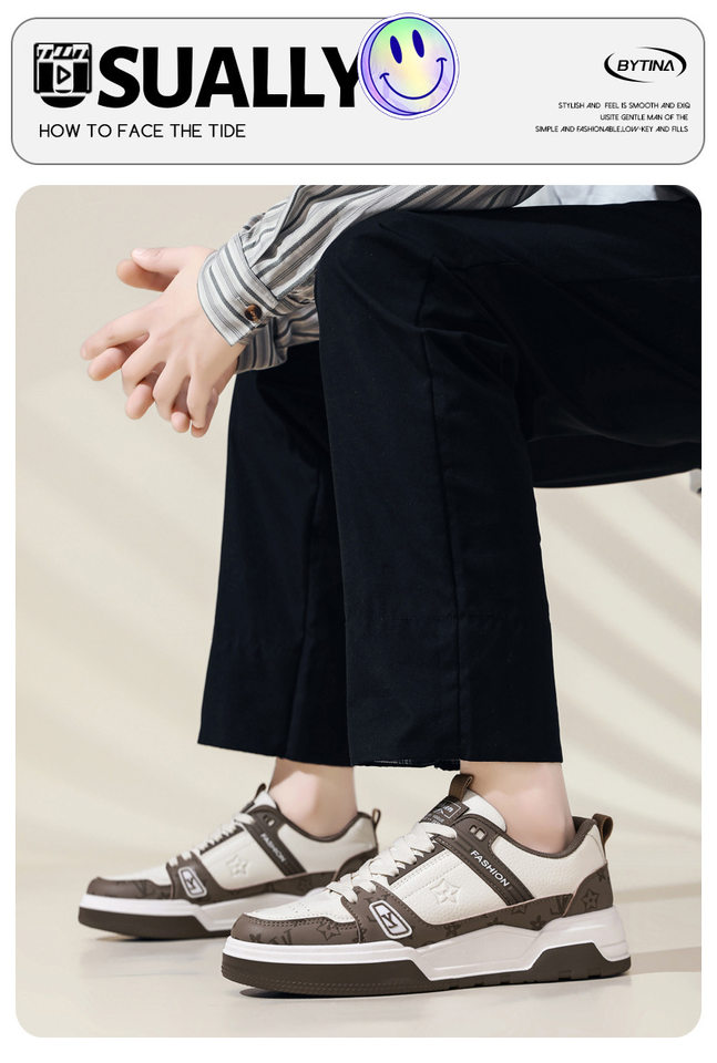 Giày sneaker nam da nhân tạo phối màu, đế bằng gót thấp 1–3 cm, dây buộc — Màu trắng màu cachi, Xanh trắng, Đen trắng chi tiết 1