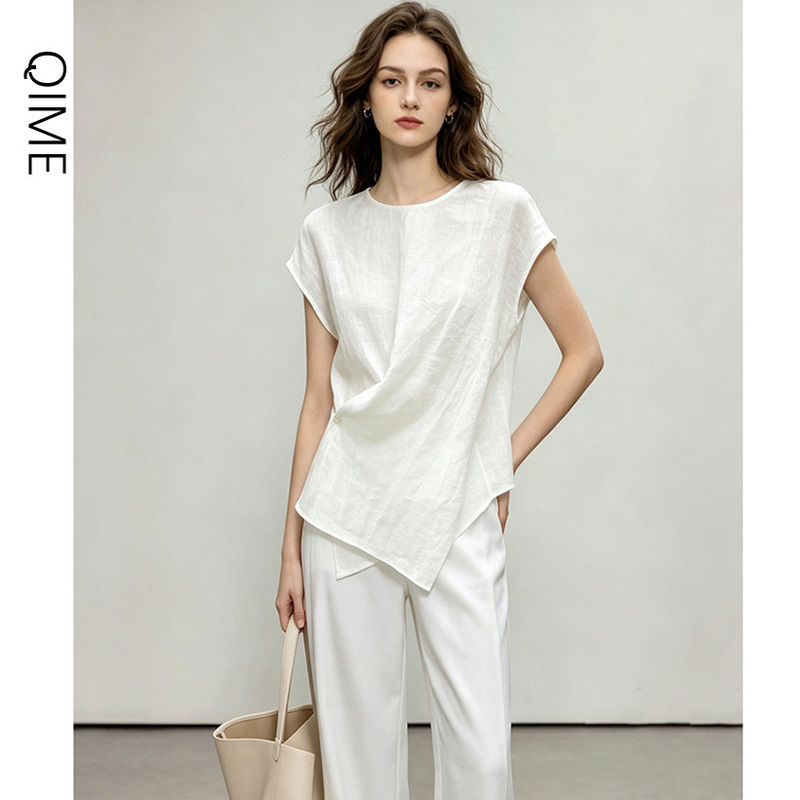 Old Money Style Pure Linen Shirt for Women, French Design Cross-Over Top, 2026 New Women's Fashion, Summer High-End Elegance
