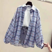 格子衬衫女宽松长袖防晒百搭休闲学生2023春夏大码韩版衬衣外套棉