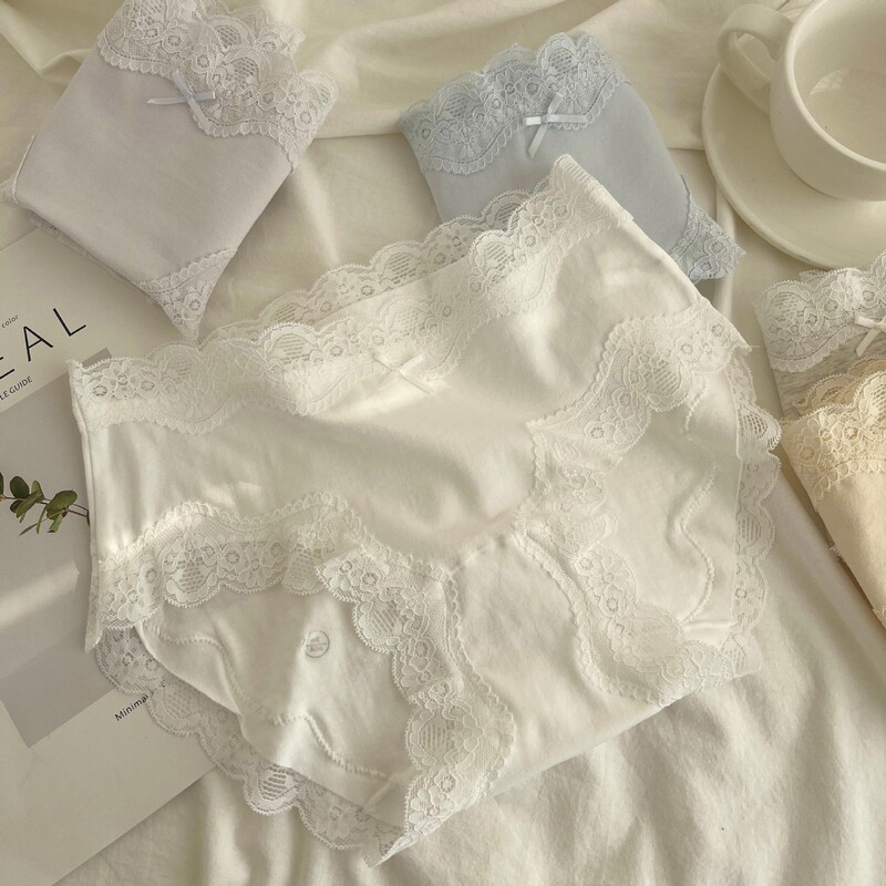 French Style Retro Lace-Trimmed Pure Cotton Girl's Mid-Waist Underwear Women's Contrast Color Skin-Friendly Breathable 10A Bacteriostatic Briefs