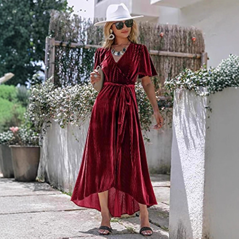 Amazon Cross-Border Spring and Autumn Women's Velvet V-Neck Wrap Semi-Formal Cocktail Party Dress