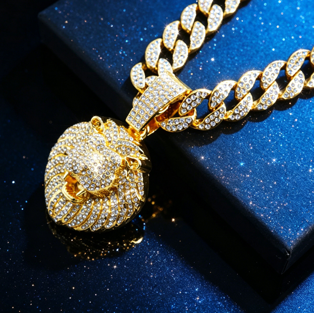 Personalidad hombre fresco diamante completo colgante de cabeza de león tridimensional collar de cadena cubana collar estilo hip hop europeo y americano cadena de clavícula