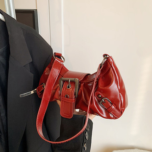Cross-border Niche Retro Pleated Underarm Bag Women's New Motorcycle Spice Girl Style Belt Buckle Shoulder Crossbody Bag