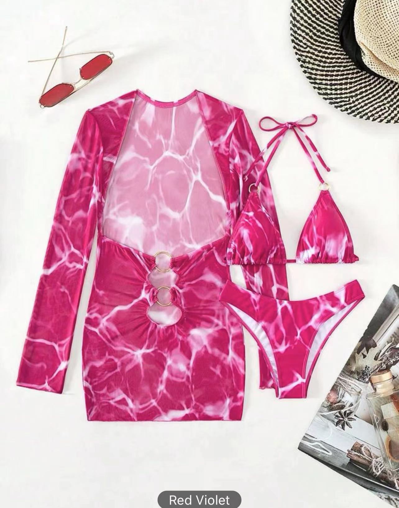 Triangle Cup Bra Cup Women's Solid Color 3 Pieces Set Bikinis Swimwear