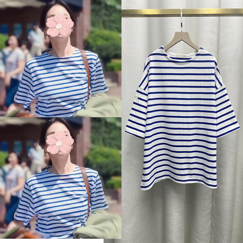 Dark Glory Song Huiqiao Wen Dongen Same Style Striped Short-sleeved T-shirt Women's Base Shirt College Style Sea Soul Shirt Top Dark Glory Song Huiqiao Wen Dongen Same Style Striped Short-sleeved T-shirt Women's Base Shirt College Style Sea Soul Shirt Top