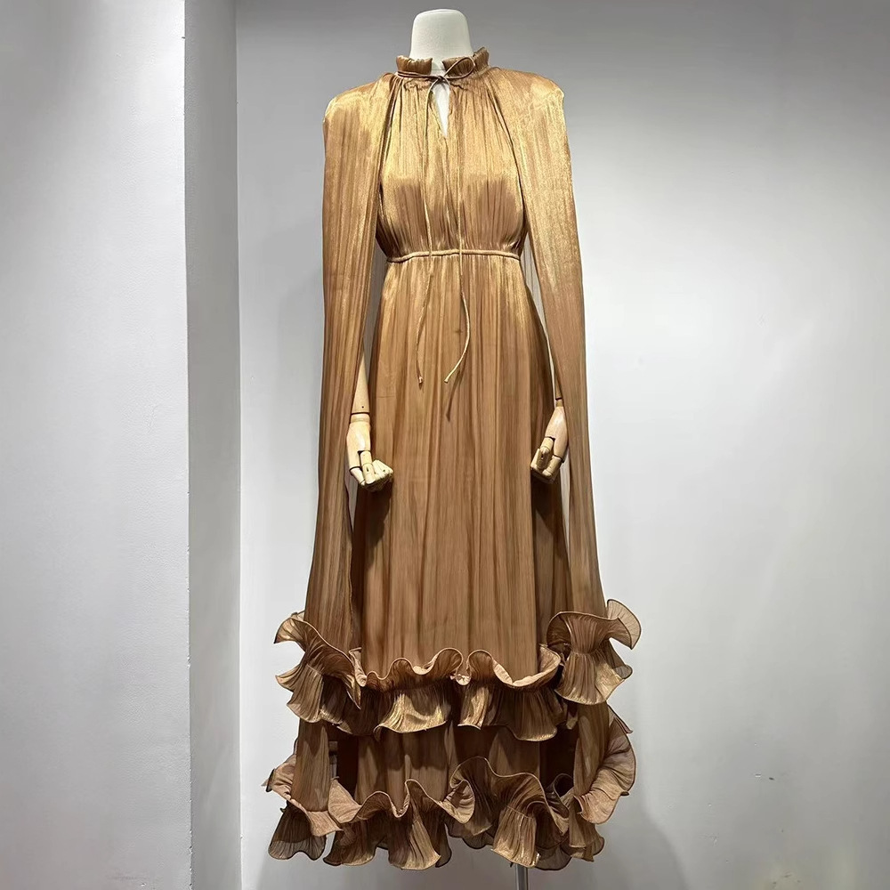 Opera Cape Dress – Double-Layer Ruffle Trim & Empire Waist (Navy/Blush/Chocolate, Polyester Blend, Flowing A-Line Silhouette For Regal Presence)_voghion.com