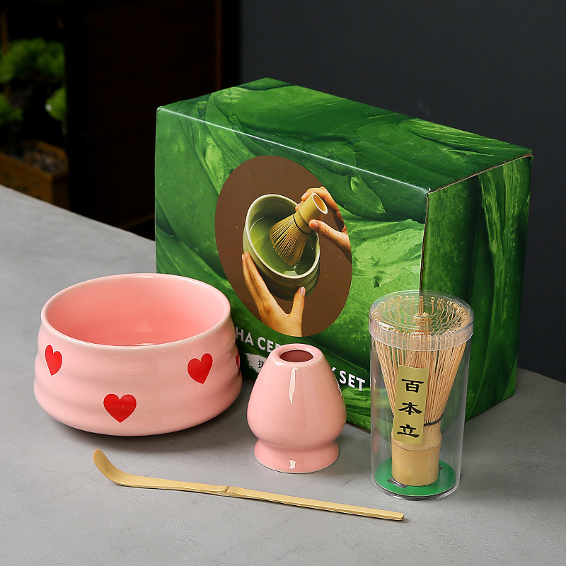 跨境抹茶碗套装樱桃蝴蝶结心形图案花纸陶瓷百本立茶筅点茶系列|undefined