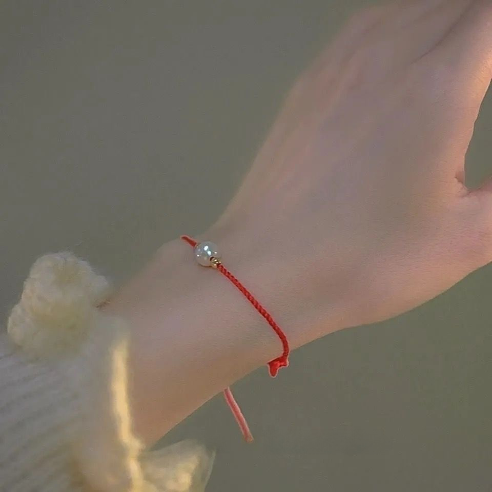 Woven adjustable red rope bracelet pearl handmade