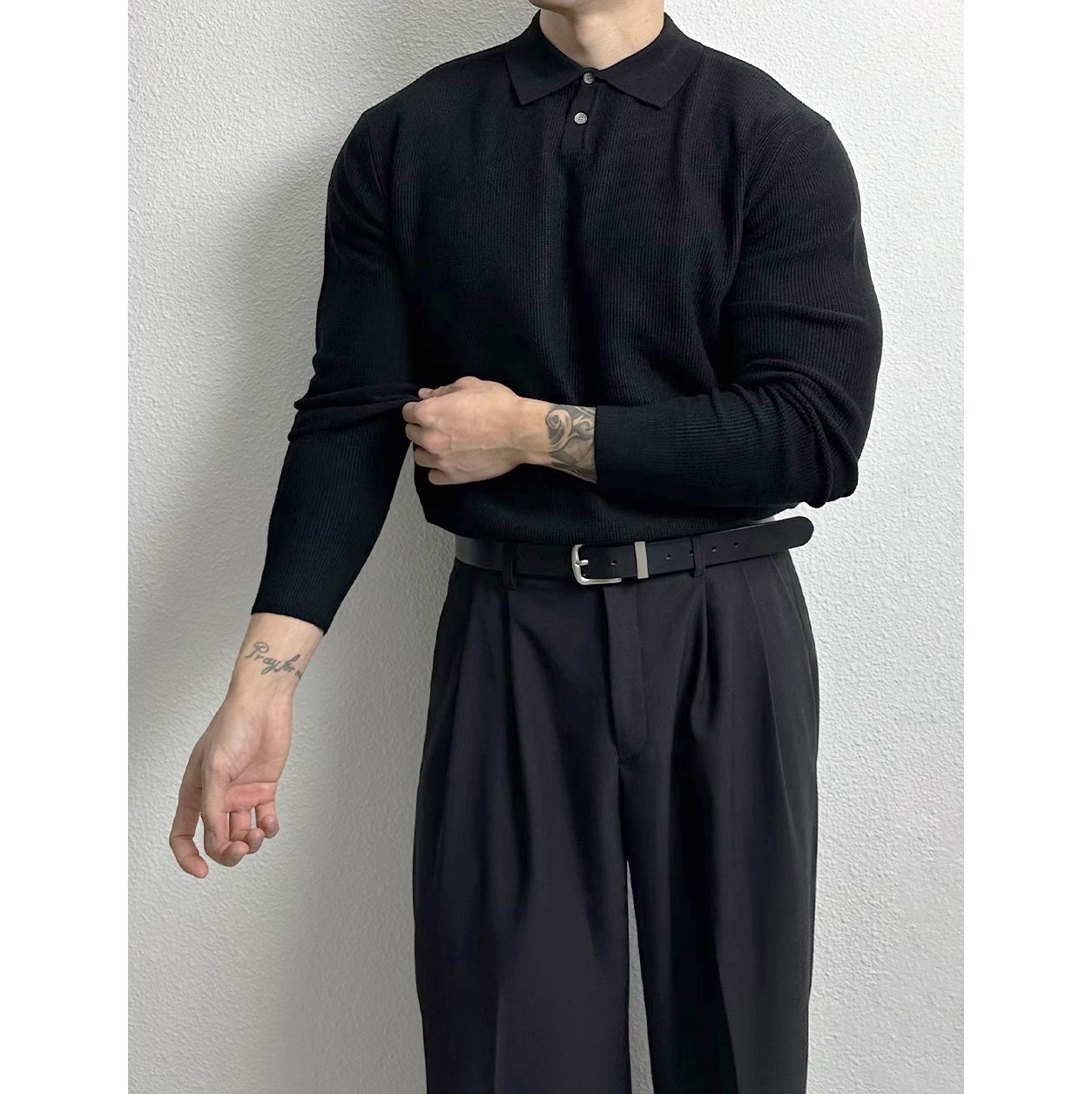 Oversized Polo Knit Sweater For Men – Business Casual Long Sleeve Pullover, Plus Size European Fit (Black/Beige/Gray)_viptrois.com