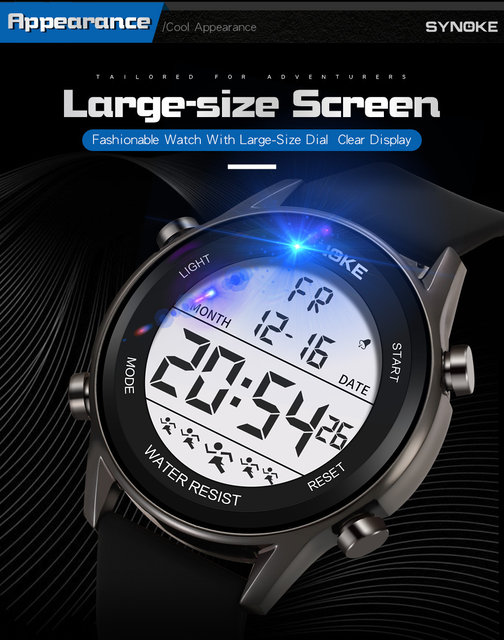 SYNOKE Men's Sports Silicone Electronic Watch Waterproof Luminous Large Screen Outdoor Mountaineering Watch Running Student Fashion_voghion.com