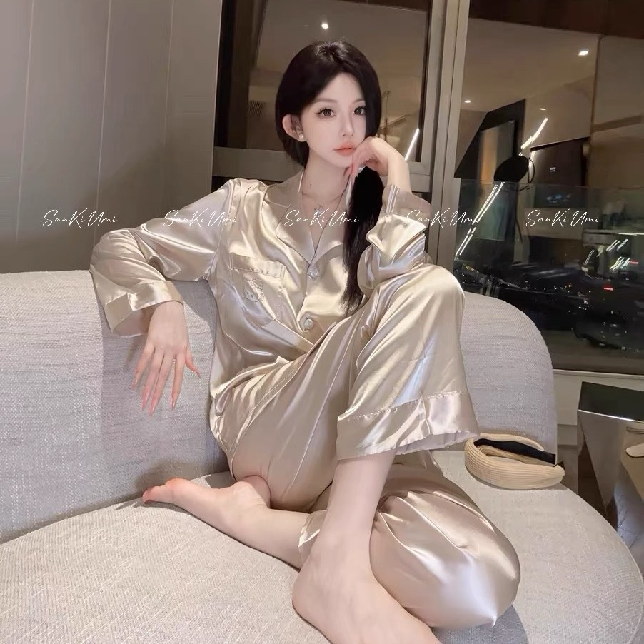 Champagne Kt Pajamas Women's Simulated Silk Spring Autumn Winter Long Sleeve Trousers Casual Advanced Homewear Set