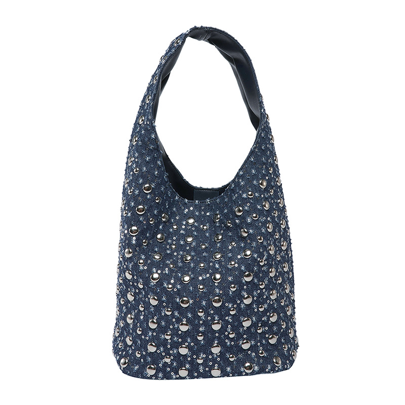 Bolso de cubo retro estilo Hong Kong 2025 nuevo bolso de mezclilla gypsophila remache bolso de hombro con lentejuelas de moda