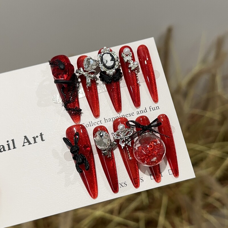 Handmade High-End Wine Red Cat-Eye Long Manicure Pieces Black Snake Heart Rabbit Wedding Nails Fake Nails