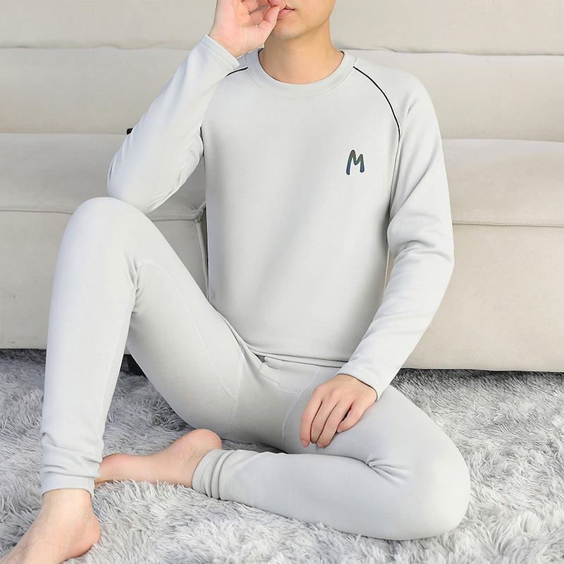 Thermal underwear for men in autumn, round neck, comfortable, solid color, cold-proof cotton sweater, slim fit, youth autumn top and pants set