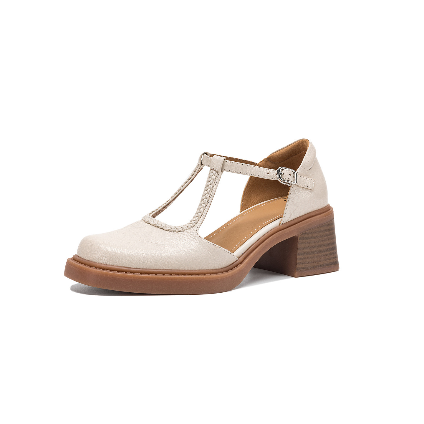 Sandal cao gót nữ mũi vuông quai chữ T đế dày — màu trắng ngà
