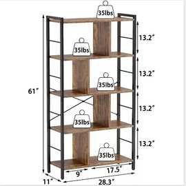 5层高工业书柜木质金属框架立式书架,卧室客厅家庭办公室展示书架
