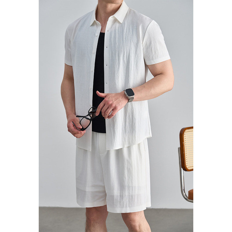 Old Money Style Linen Casual Short-Sleeved Shirt, Summer Stretchy Five-Quarter Pants, Men's Casual Business Commuting Two-Piece Set