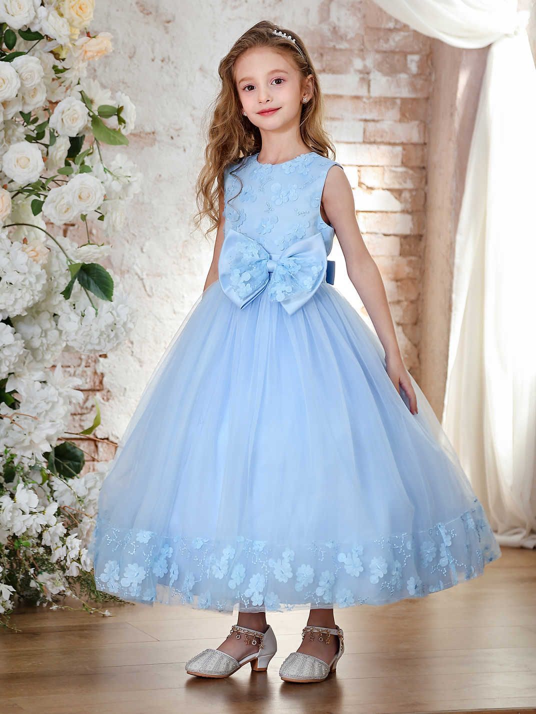 Vestido transfronterizo para niños de Amazon, vestido de novia para niñas, vestido de princesa para niñas, vestido de encaje azul para niños