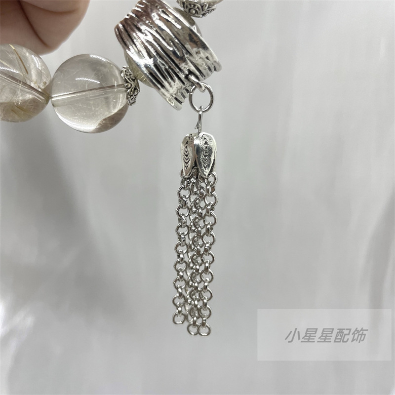 水晶配饰复古合金仿银做旧工艺古典开口戒指树叶流苏提溜配件|undefined