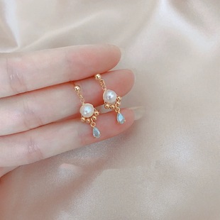 Natural Pearl and Sea Temperament Ice Sculpture Blue Water Drop Earrings Trendy Winding Pearl Earrings 14k Gold Earrings All-Match